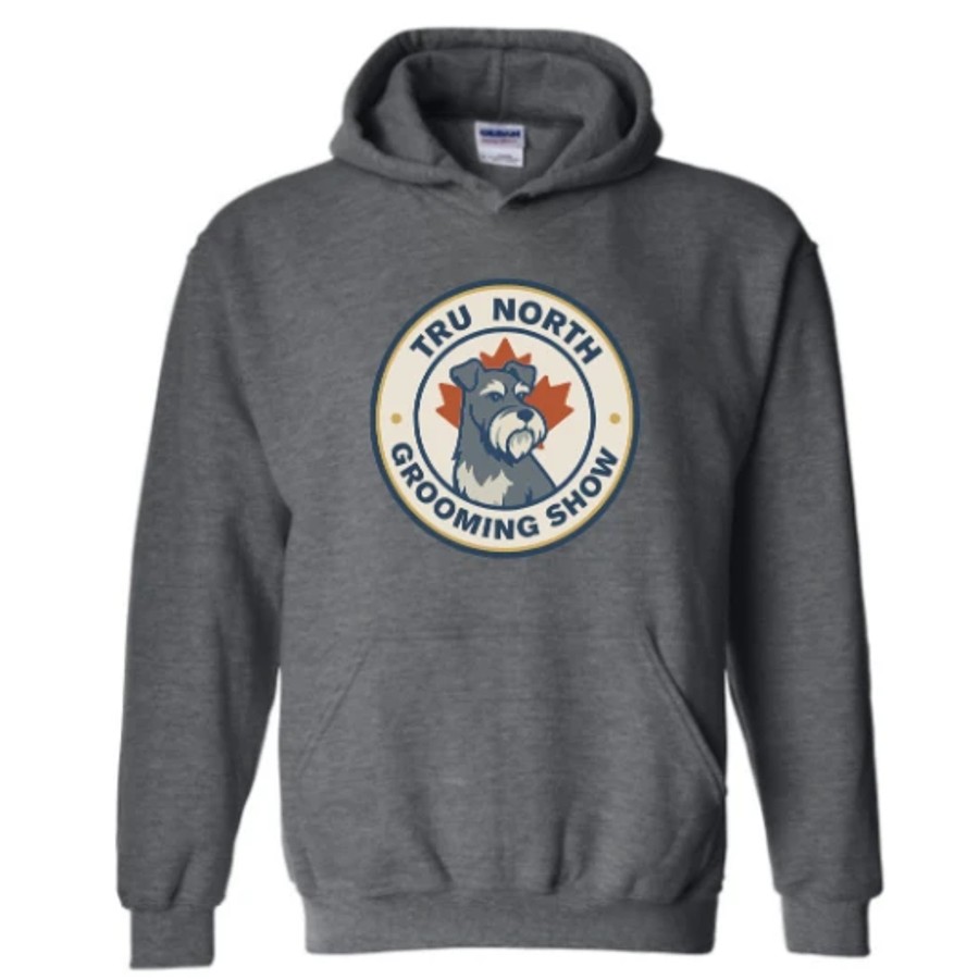 Pullover Hoodie in Dark Heather Grey with the Tru North Grooming Show crest